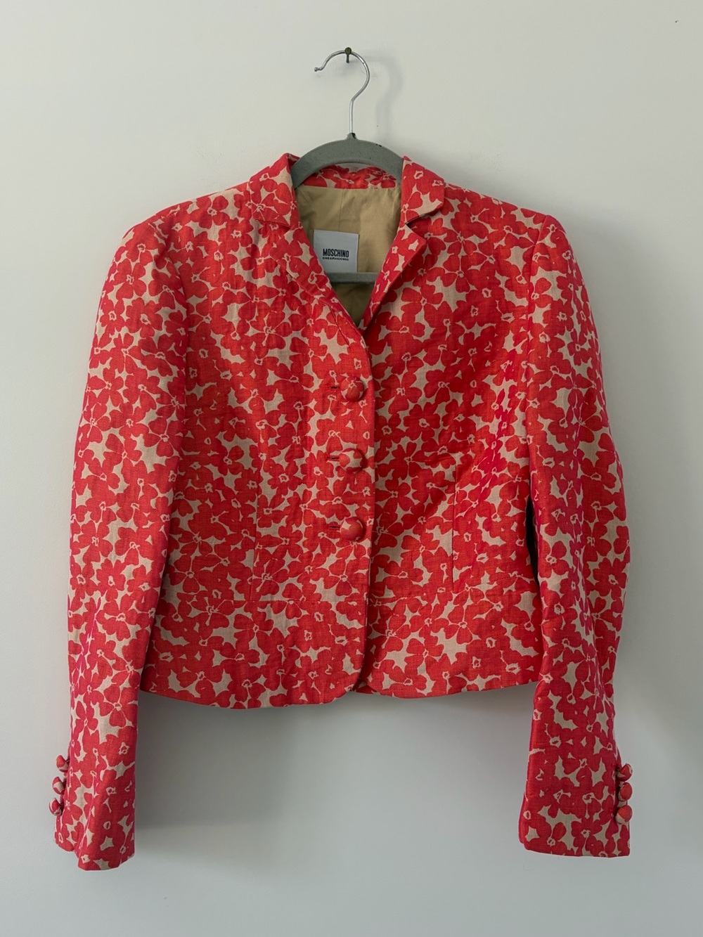 Moschino Cheap and Chic Coral Tan Floral Linen Blend 90s Cropped Blazer Jacket 8
